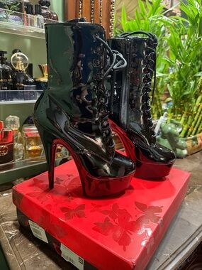 Pleaser Black Patent Platform Lace-Up Stiletto Ankle Boots